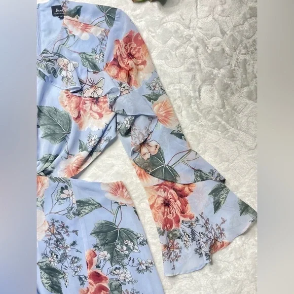 Bardot x Revolve Cutout Floral Frill Long Bell Sleeve Mini Dress in Blue Pink 6 - Picture 7 of 15